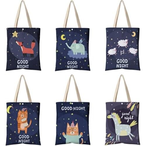 Good Night Lovely Cartoon Animal Print Canvas Shopping Tote Bag Gift for Student Friend Reusable Shopper Shoulder Bags Outdoor