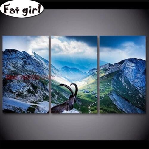 Triptych Natural Scenery Diamond Painting Mountain Antelope horn 5D Diy Wall Decoration Mosaic Cross Stitch Square Round Drill