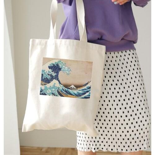 Ukiyo-e Thick Canvas Shoulder Bag Casual Environmental Shopping Bag Tote Package Large Capacity Sea Print Bags for Women