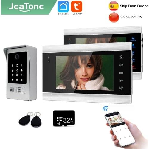 Jeatone Tuya smart 7 ‘’ WIFI intercoms for home indoor Monitor with Keypad/RFID Card Motion Detection remote control One TO Two