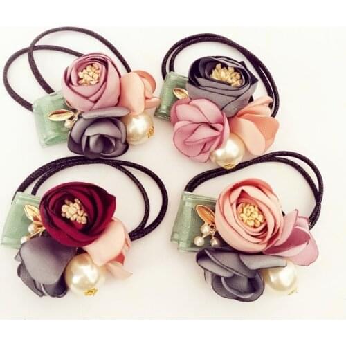 Korean Fashion New Burnt Edge Petal Leaves Cloth Yarn Head Flower Pearl Hair Tie Rope Bands for Women Girl Jewelry Accessories