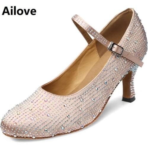 Ailove Women Modern Dance Shoes Nude Satin Rhinestone Party Wedding Closed-toe Practice Dancing Pumps Latin Dancer Heels S055