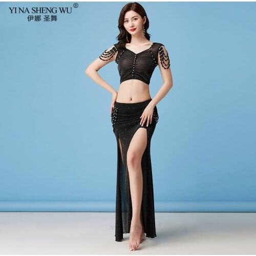 New Fashion Women Bellydance Costume Set 2pcs Mesh And Beaded Top Split Long Skirt Clothes Belly Dance Oriental Dance Dancewear