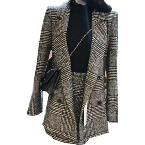 Two-pieces Set Autumn Winter Women Houndstooth Skirt Suits Casual Woolen Plaid Blazer + Skirt Set Suits Female Office Suits A784