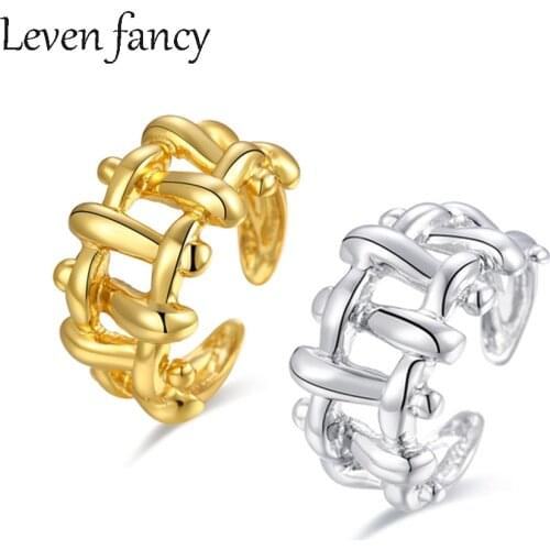Wide 925 Sterling Silver Ring Gold Weave Trapezoidal Rings for Women Birthday Gift Adjustable Ring Female Silver 925 Jewelry