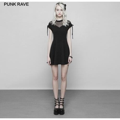 PUNK RAVE New Gothic Womens Black Short Mesh Sleeve and Neckline A-line Mini Dress Fashion Gauze Bodycon Sexy Women Dress