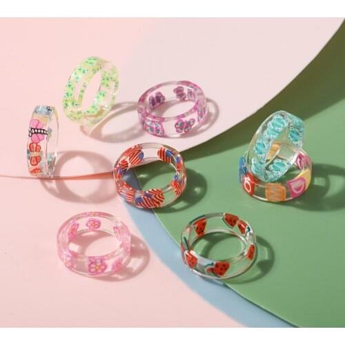 2021 Korea Colorful Fashion Resin Fruit Ring Set Metal Geometric Irregular Open Rings for Women Party Wedding Jewelry Ring Set