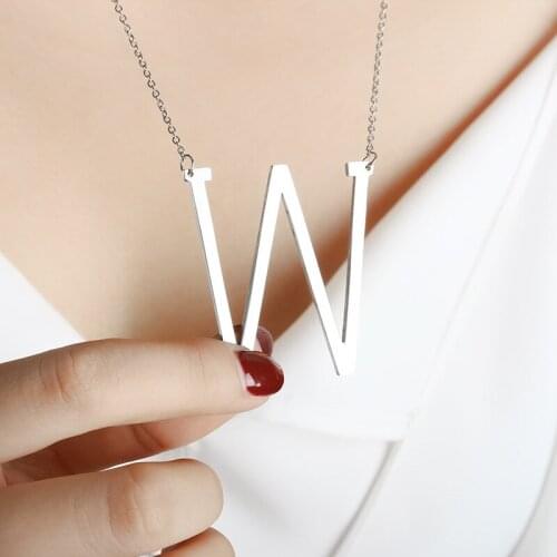 26 English Letters Alphabet Silver Plated Stainless Steel Pendant Long Chain Necklace for Women