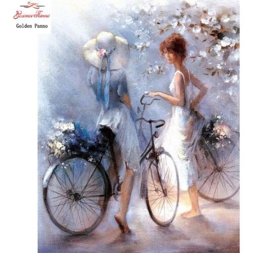 5D DIY diamond painting cross stitch square bicycle beautiful girl sister flower mosaic home decoration embroidery rhinestones