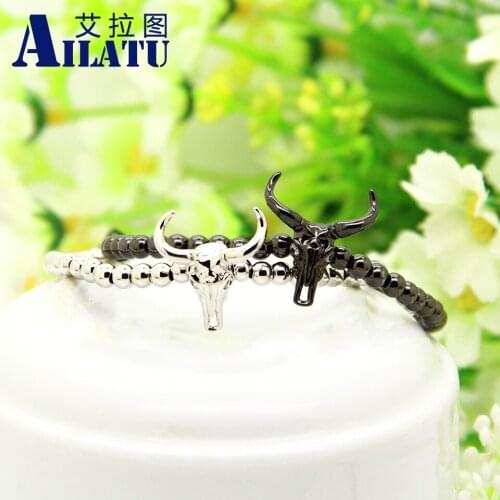 Ailatu 10 Pcs/lot Cow Head Bracelet Luxury Men&Women Animal Charm Jewelry 4 mm Stainless Stell Beads
