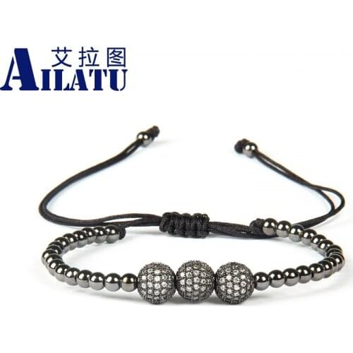 Ailatu 10 Piece Clear CZ Ball Braiding Bracelet Micro Paved Cubic Zinconia Beads Wholesale Men Jewelry with 4mm Stainless Steel