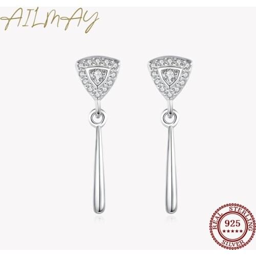 Ailmay Authentic 925 Sterling Silver Dazzling Clear CZ Simple Triangle Shape Stud Earring For Women Wedding Engagement Jewelry
