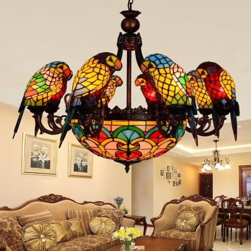 American Pastoral style Retro luxury parrot bird pendant light handmade stained glass bar living room parlor hanging lighting