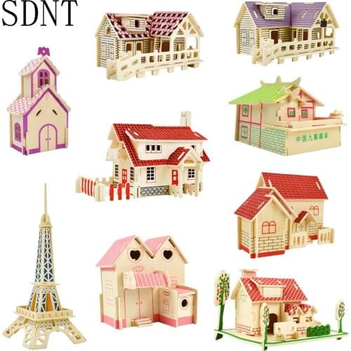 Wooden Toys Puzzles for Children DIY Assemble House Building Wood Model 3D Puzzle Game Educational Toys for Kids Gift Decoration