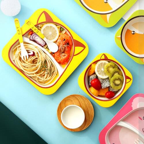 Baby Bamboo Dishes Set Kid Feeding Bowl Dinner Plate Gift Eco-friendly Cartoon Aniaml Bowl+Spoon+Fork Feeding Food Tableware