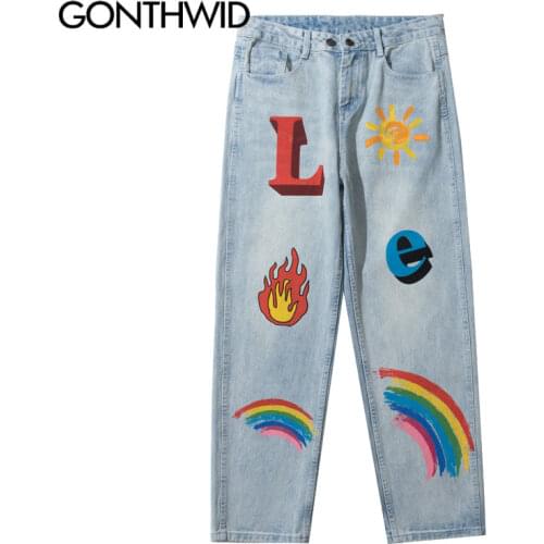 GONTHWID Denim Pants Streetwear Hip Hop Fire Flame Rainbow Print Jeans Mens Harajuku Hispter Fashion Baggy Casual Loose Trousers