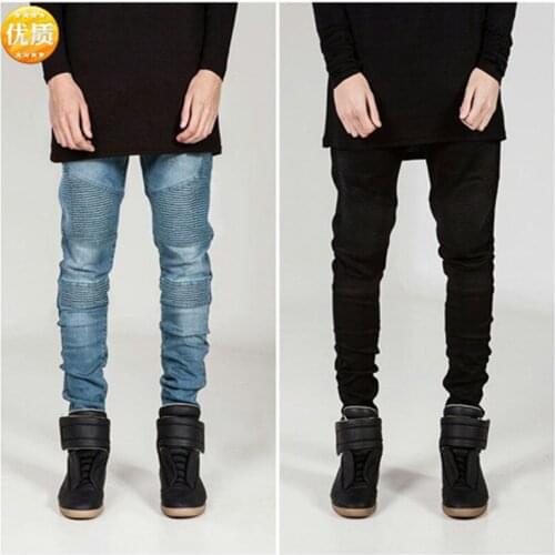 High Street Men Biker Pencil Jeans Holes Scratches Ripped Folds Skinny Destroyed Hole Slim Denim Hip Hop Punk Solid Colol Black
