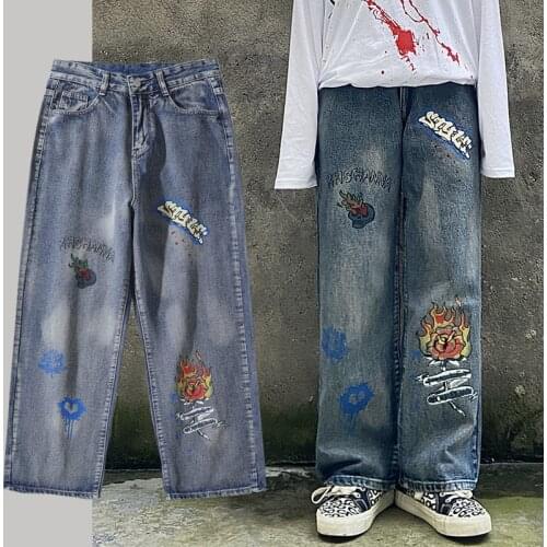 Vintage cartoon graffiti graphic jeans men loose denim trousers streetwear straight hip-hop pants women Harajuku style leisure