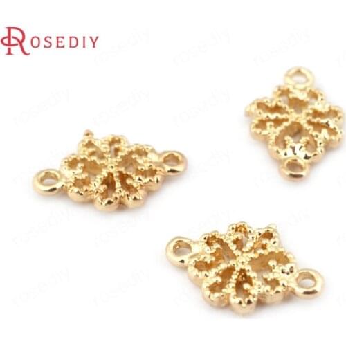 F506)20 pieces 11*8mm hole 1mm 24K Champagne Gold Color Plated Brass 2 Holes Flower Connect Charms Jewelry Findings Accessories