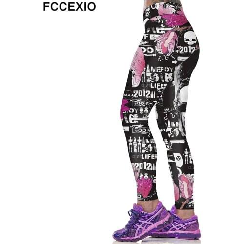 FCCEXIO 2021 New Sexy Women Elastic Leggings 3D Skulls and Flowers Print High Waist Plus Size Soft Slim Fitness Leggings