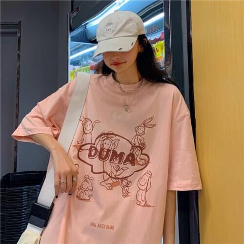 Summer college style letter printing half-sleeved mid-length loose cotton round neck T-shirt simple and versatile casual women
