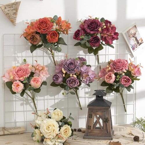 Retro Style 1Pc Artificial Peony Hydrangea Fake Flower Wedding Bouquet Home Office Festival Decor