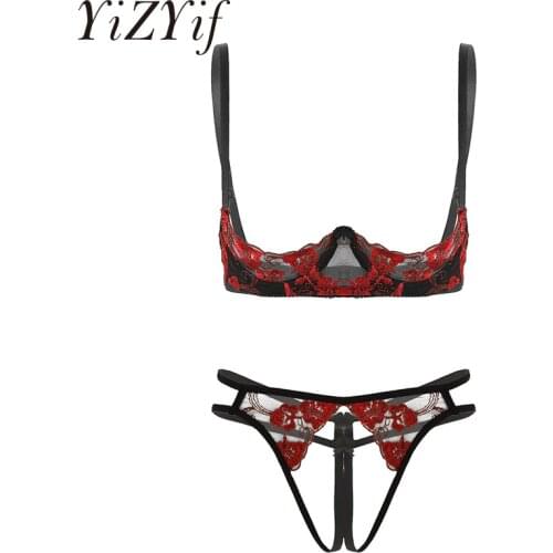 Womens Open Half Cups Bra G-string Set Bare Exposed Breasts Erotic Embroidery lace lingerie Sexy Bra Tops with Crotchless Thongs