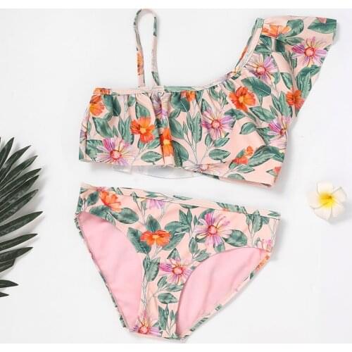 One Shoulder Girl Swimsuit Kids Ruffle Girl Bikini Set Floral Two Piece Childrens Swimwear Falbala Girls Bathing Suit Beachwear