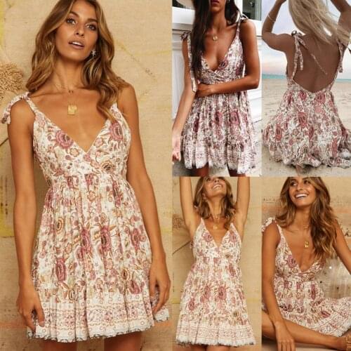 Summer Women Boho Sleeveless Backless V Neck Short Sexy Dress Night Party Club Beach Mini Sundress