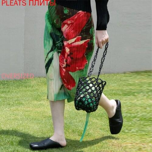 MIYAKE Pleated Skirt Bag Hip Skirts Niche Design Plant Printing Split Fork Four Seasons PLEATS Faldas Ropa Mujer Jupe