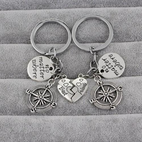 2PCS Fashion No Matter Where Pendant Keychains Vintage Compass Charm Best Friends Friendship Keyring 373140