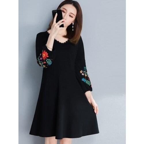 Autumn Fashion Casual Elegant A-line O-neck Vintage Embroidered Long Lantern Sleeve Black Party Plus Size Women Dress