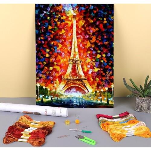 Paris Eiffel Tower Printed Fabric 11CT Cross-Stitch Kit Embroidery DMC Threads Needlework Knitting Handmade Hobby Jewelry