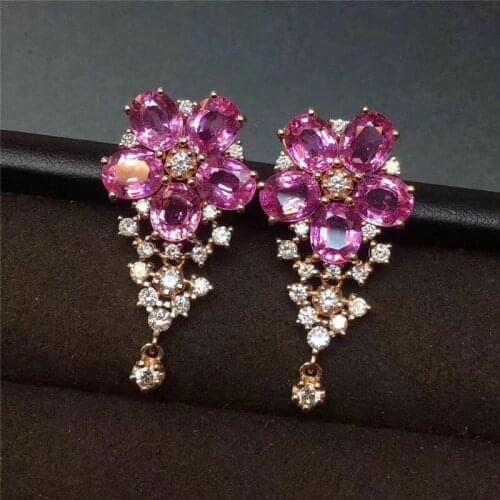 Natural pink sapphire stone earrings 925 silver Natural gemstone earring women elegant flower tassels Earrings for party gift