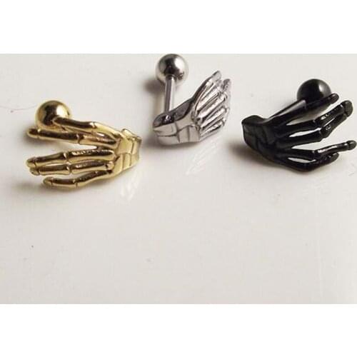 SaYao 2pcs Gold Silver Black Surgical Stainless Steel Stud Earring Skull Hand Ear Tragus Piercing Human Hand Ear Claw Earrings