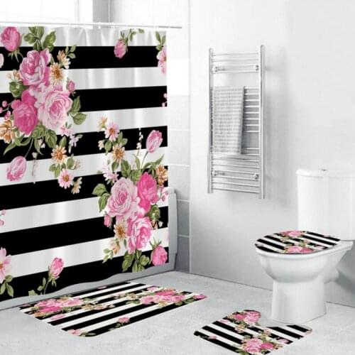 Black and White Stripes Shower Curtains Flowers Pattern Bathroom Decor Home Bathtub Cloth Curtain gordijn T133