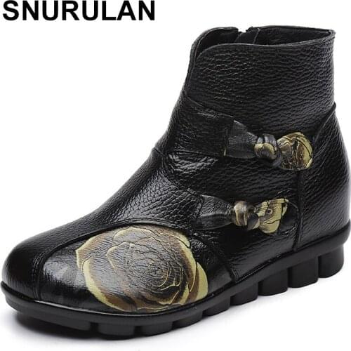 SNURULAN Folk Style Winter Genuine Leather Boots For Women With Fleeces Spring Cow Leather Flat Low Heel Vintage Handmade Boots
