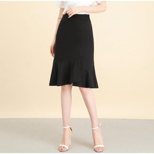 Irregular Black Bodycon Fishtail Skirts for Women Elegant High Waisted Plus Size Summer Office Lady Slim Mid-long Skirts 6377