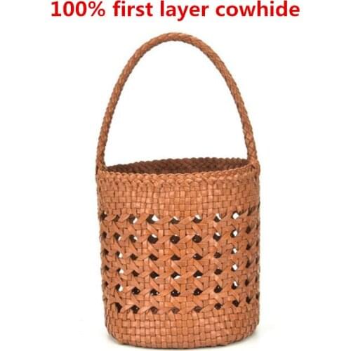 100% Genuine Leather bucket bag Womens Woven Hollowed Cow Leather Bucket Bag Vintage Shopping Bag Cowhide Tote Bag