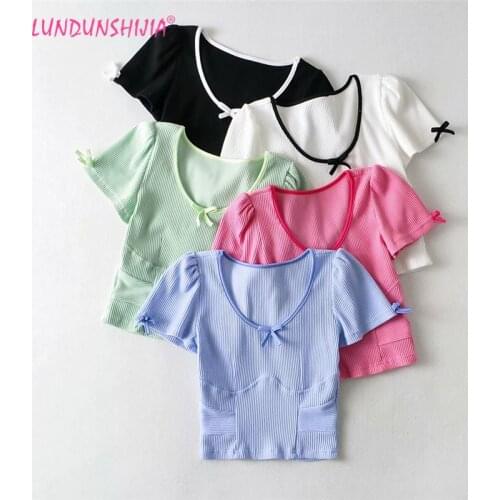 LUNDUNSHIJIA Candy Colors Bow Ribbed Women Crop Top 2021 Summer U-Neck Short Sleeve Harajuku Knitting Female T-shirt