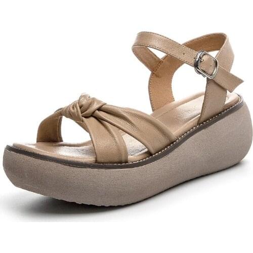New Genuine Leather Sandals for Women 2021 Summer Thick Sole Increasing Wedgel Heel Platform Sandals Open Toe Buckle Strap Shoes