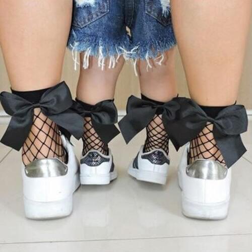 Women Vintage Ruffle Bow Fishnet Ankle High Socks Mesh Lace Fish Net Short Socks