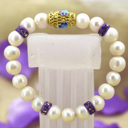 Natural freshwater cultured 9-10mm white pearl nearround beads bracelet for women gold-color cloisonne jewelry 7.5inch B3096