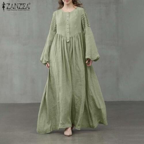 ZANZEA Women Spring Sundress Elegant Pleated Lantern Sleeve Solid Maxi Long Dress Vintage Party Vestido Kaftan Robe Femme