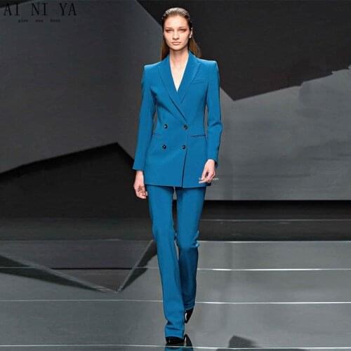 Jacket+Pants Lake Blue Women Business Suits Blazer Female Office Uniform Double Breasted Ladies Winter Formal Trouser Suits