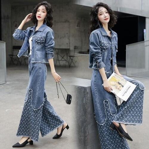 Fashion 2020 Autumn 2 Piece Sets Womens Outfits Jeans Floral Jackets Wide Leg Pants Denim Patchwork WomenS Pantsuit AA5514