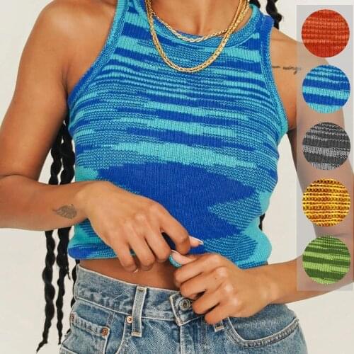 2021 Knit Crop Top Women Sleeveless Y2K Basic T Shirts Casual Summer Off Shoulder Blue O Neck Tank Top Vintage Fashion Tank