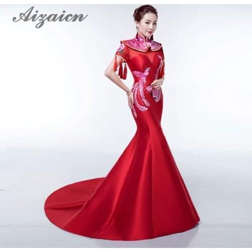 Red Mermaid Wedding Dress Cheongsam Satin Embroidery Phoenix Qipao Long Traditional Chinese Bride Tassel Oriental Evening Gown