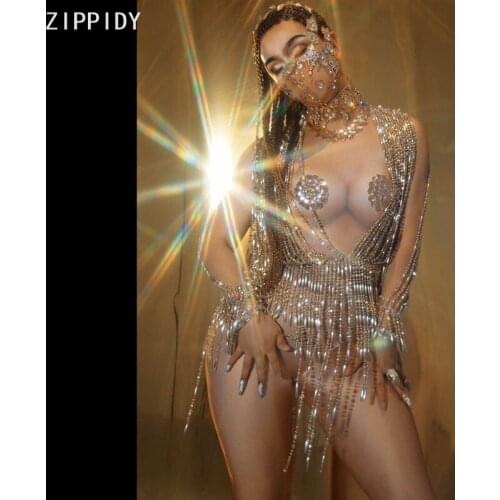 2020 Beaded Pendant Tassel Sequins Spandex Bodysuit Women Singer Dancer Show Wear Pole Dance Prom Celebrate Outfit