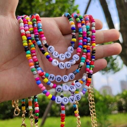 Bohemian Handmade DIY Rainbow Beaded Necklace For Women Letter Lucky Love Angel Clavicle Chain Choker Beach Bead Collier Jewelry
